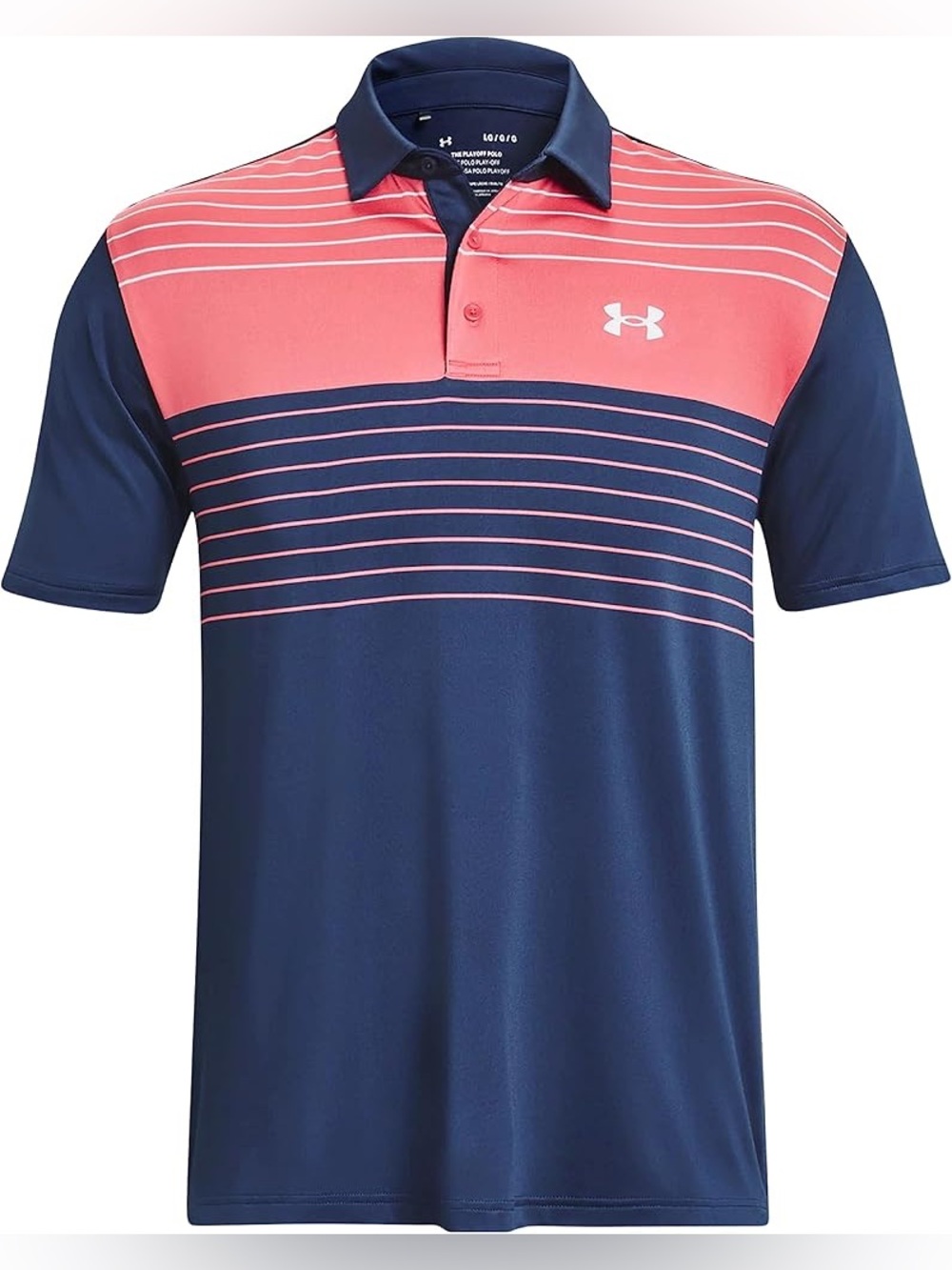 Under Armour Mens The Playoff Polo Golf Polo Navy and Coral Striped XL EUC